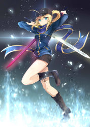 Rule 34 | 1girl, absurdres, ahoge, arms up, artoria pendragon (fate), aura, baseball cap, black background, black footwear, black hat, black shorts, blonde hair, blue eyes, blue jacket, blue scarf, boots, closed mouth, cross-laced footwear, diffraction spikes, dual wielding, fate/grand order, fate (series), full body, glowing, glowing floor, glowing sword, glowing weapon, hair between eyes, hat, highres, himitsucalibur (fate), holding, jacket, knee boots, lace-up boots, leg up, light particles, long hair, long sleeves, looking at viewer, mysterious heroine x (fate), ponytail, scarf, serious, shorts, sidelocks, solo, standing, standing on one leg, taro (ultrataro), track jacket, weapon