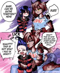 Rule 34 | 2girls, animal ears, bed, black hair, brown hair, dog ears, dog tail, english text, fangs, grs-, highres, licking another&#039;s hair, multiple girls, no nose, original, pants, pillow, pointy ears, print shirt, purple pants, red eyes, shirt, short sleeves, speech bubble, tail, tongue, tongue out, vampire, werewolf, yellow eyes, yuri