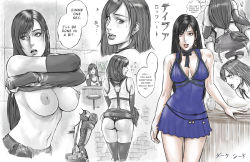 Rule 34 | 1girl, ass, ass grab, black hair, breasts, dakushido, dress, earrings, english text, final fantasy, final fantasy vii, final fantasy vii remake, fingerless gloves, gloves, jewelry, large breasts, lips, long hair, low-tied long hair, official alternate costume, panties, short dress, skirt, solo, square enix, suspender skirt, suspenders, tifa lockhart, topless, underwear, undressing, wall market