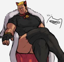 Rule 34 | 1boy, animal ears, bara, bell, black leggings, blonde hair, breasts, cat ears, coat, confused, crossed legs, fingerless gloves, fur-trimmed coat, fur trim, gloves, gluteal fold, gold bracelet, hair slicked back, jingle bell, large breasts, large pectorals, leggings, male focus, muscular, muscular male, nyaattoberritto, pectorals, red ribbon, ribbon, sitting, tan, the king of fighters, thick thighs, thighhighs, thighs, white background, yamazaki ryuuji