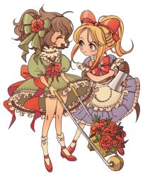 Rule 34 | 2girls, apron, blonde hair, blue dress, bow, brown hair, closed eyes, dress, facing another, flower, frilled apron, frilled dress, frills, full body, green bow, green dress, hair bow, hair flower, hair ornament, high ponytail, holding, holding watering can, long hair, looking at another, meremero, multiple girls, open mouth, original, puffy short sleeves, puffy sleeves, red bow, red flower, red footwear, red rose, rose, shoes, short sleeves, simple background, smile, socks, standing, watering can, wheelbarrow, white apron, white background, white socks