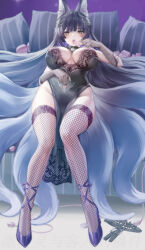 Rule 34 | 1girl, absurdres, alternate costume, animal ear fluff, animal ears, azur lane, black hair, blunt bangs, breasts, china dress, chinese clothes, choker, cleavage, condom, dress, egg vibrator, elbow gloves, facial mark, fishnet gloves, fishnet thighhighs, fishnets, fox ears, fox girl, fox tail, full body, gloves, highres, hime cut, hitachi magic wand, holding, holding condom, kitsune, kyuubi, lace, lace-trimmed dress, lace trim, large breasts, lin jingling, long hair, lying, multiple tails, musashi (azur lane), on bed, open mouth, pelvic curtain, pillow, sex toy, tail, thighhighs, tongue, tongue out, vibrator, whisker markings
