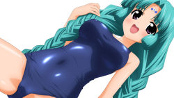 Rule 34 | 1girl, :d, absurdres, aqua hair, black eyes, braid, breasts, canal vorfeed, covered navel, dutch angle, facial mark, forehead mark, hand up, highres, large breasts, looking at viewer, lost universe, one-piece swimsuit, open mouth, parted bangs, school swimsuit, smile, solo, sugimura tomokazu, swimsuit, twin braids