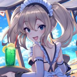 Rule 34 | 1girl, commentary request, cup, day, drinking glass, food, fruit, lemon, lemon slice, long hair, maid, official art, original, outdoors, plate, pokachu, solo, swimsuit, tray, twintails