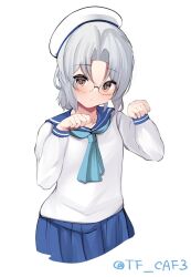 Rule 34 | 1girl, blue neckerchief, blue skirt, closed mouth, cowboy shot, grey hair, hat, hirato (kancolle), kantai collection, long sleeves, looking at viewer, neckerchief, one-hour drawing challenge, pleated skirt, rimless eyewear, round eyewear, sailor collar, sailor hat, shirt, short hair, simple background, skirt, solo, tf cafe, twitter username, white background, white hat, white shirt, yellow eyes
