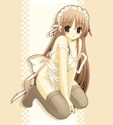 Rule 34 | 1girl, apron, breasts, brown eyes, brown hair, female focus, full body, kneeling, maid, maid apron, naked apron, solo, thighhighs