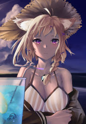 Rule 34 | 1girl, absurdres, animal ears, antenna hair, arknights, bare shoulders, bikini, braid, breasts, brown hair, cat ears, cleavage, commentary request, hat, highres, large breasts, long sleeves, looking at viewer, official alternate costume, outdoors, purple eyes, short hair, side braid, single braid, solo, striped bikini, striped clothes, sun hat, swimsuit, swimsuit cover-up, upper body, utage (arknights), utage (summer flowers) (arknights), vertical-striped bikini, vertical-striped clothes, xiaobei