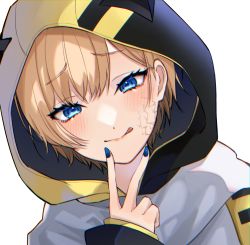 Rule 34 | 1girl, animification, apex legends, bad id, bad twitter id, blonde hair, blue eyes, blue nails, cosplay, facial scar, hair behind ear, highres, hood, hood up, lichtenberg figure, nail polish, scar, scar on cheek, scar on face, scarf, smile, solo, tmt.tem, tongue, tongue out, tsurime, upper body, v, void prowler wraith, wattson (apex legends), white background, white scarf, wraith (apex legends), wraith (apex legends) (cosplay)