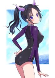 Rule 34 | 1girl, absurdres, black hair, black leotard, black one-piece swimsuit, bracelet, character request, covered erect nipples, cowboy shot, from side, highres, horns, jewelry, kuroneko w1nter, leotard, long hair, long sleeves, looking at viewer, nail polish, one-piece swimsuit, pink nails, ponytail, purple eyes, purple sleeves, shiny clothes, solo, standing, swimsuit