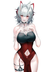 Rule 34 | 1girl, absurdres, antenna hair, arknights, bare shoulders, black dress, breasts, clothing cutout, commentary request, cowboy shot, dress, fang, hands up, highres, horns, large breasts, looking at viewer, maho (drmaho1), narrow waist, navel, navel cutout, open mouth, pelvic curtain, red dress, red eyes, red hair, see-through, see-through dress, short hair, silver hair, simple background, solo, standing, thighs, two-tone dress, w (arknights), white background, wide hips