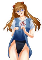 Rule 34 | 1girl, bare legs, blue eyes, breasts, brown hair, clothes lift, cosplay, embarrassed, highleg, highleg leotard, highres, illust aqua, leotard, leotard under clothes, neon genesis evangelion, school uniform, skirt, skirt lift, smile, souryuu asuka langley, standing, tokyo-3 middle school uniform, twintails, two side up, white background, wide hips