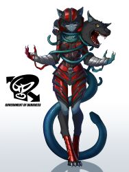 Rule 34 | 1girl, animal ear fluff, animal ears, animal feet, armor, black hair, cerberus, character request, colored skin, copyright request, digitigrade, dog ears, eidenjyou1997, full body, gauntlets, gradient background, grey skin, highres, kaijin, looking at viewer, monster girl, multiple heads, personification, snake, snake head tail, solo, tail, yellow eyes