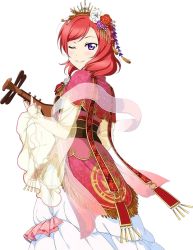 Rule 34 | 10s, 1girl, dress, flower, flower on head, guitar, hagoromo, hair flower, hair ornament, instrument, love live!, love live! school idol festival, love live! school idol project, lute (instrument), nishikino maki, official art, red hair, shawl, solo, third-party edit, traditional clothes, transparent background