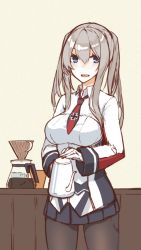 Rule 34 | 10s, 1girl, :d, bad id, bad pixiv id, black pantyhose, blue eyes, breasts, coffee pot, gloves, graf zeppelin (kancolle), grey hair, kantai collection, large breasts, mikoto (oi plus), necktie, no headwear, no headwear, open mouth, pantyhose, pleated skirt, skirt, smile, solo, teapot, teeth, twintails, white gloves