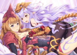 Rule 34 | 2girls, armor, armored dress, ass, athena (granblue fantasy), bed, blonde hair, blunt bangs, blush, bodysuit, braid, breastplate, breasts, canopy bed, cleavage cutout, clothing cutout, dress, elbow gloves, gauntlets, gloves, granblue fantasy, hair between eyes, hair ornament, headpiece, highres, large breasts, leaf hair ornament, light purple hair, long hair, lying, medusa (shingeki no bahamut), midorinocha, multiple girls, on back, on bed, open mouth, orange eyes, pillow, pinky swear, pointy ears, purple eyes, shingeki no bahamut, slit pupils, smile, tail, thigh strap, very long hair, yuri