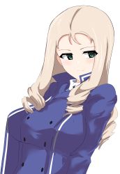 Rule 34 | 1girl, absurdres, aikir (jml5160), bc freedom military uniform, blonde hair, blouse, blue jacket, blue vest, closed mouth, commentary, dress shirt, drill hair, girls und panzer, green eyes, high collar, highres, jacket, long hair, long sleeves, looking at viewer, marie (girls und panzer), military, military uniform, one-hour drawing challenge, shirt, simple background, smile, solo, uniform, upper body, vest, white background, white shirt
