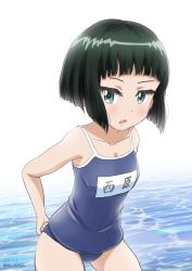 Rule 34 | 1girl, absurdres, adjusting clothes, adjusting swimsuit, artist name, black hair, blue one-piece swimsuit, blunt bangs, blunt ends, bob cut, caustics, character name, commentary, competition school swimsuit, cowboy shot, dated, dutch angle, eyelashes, from side, girls und panzer, green eyes, highres, leaning forward, legs apart, looking at viewer, name tag, nishihara yasoko, ocean, one-hour drawing challenge, one-piece swimsuit, open mouth, school swimsuit, short hair, simple background, solo, standing, surprised, swimsuit, tonan leopard, translated, white background
