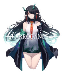 Rule 34 | 1girl, aqua hair, arknights, bad id, bad pixiv id, bare shoulders, beijiushui, black coat, black hair, breasts, closed mouth, coat, collared dress, commentary request, cowboy shot, cropped legs, dragon girl, dragon horns, dress, dusk (arknights), earrings, english text, gradient hair, hair over one eye, highres, horns, jewelry, long hair, long sleeves, looking at viewer, medium breasts, multicolored hair, necktie, off shoulder, open clothes, open coat, pointy ears, red eyes, red necktie, signature, simple background, solo, thighs, very long hair, white background, white dress