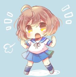 Rule 34 | 10s, 1girl, ahoge, black background, blue background, blue sailor collar, blue skirt, brown eyes, brown hair, chibi, full body, kantai collection, kou hiyoyo, looking at viewer, oboro (kancolle), open mouth, pleated skirt, sailor collar, school uniform, serafuku, short hair, simple background, skirt, solo, standing