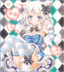 Rule 34 | 1girl, animal ears, argyle, argyle background, argyle clothes, arm warmers, bad id, bad pixiv id, bell, blue eyes, blush, boots, border, bow, breasts, cat ears, cat girl, cat tail, cleavage, colored pencil (medium), detached sleeves, dress, footwear ribbon, fur boots, fur trim, hair bow, heart, jingle bell, light smile, looking at viewer, marker (medium), medium breasts, multicolored background, original, parted lips, paw print, petticoat, potto, potto (minntochan), reclining, sample watermark, short hair, solo, strapless, strapless dress, striped clothes, striped sleeves, striped thighhighs, tail, thighhighs, traditional media, watermark, white hair
