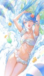 Rule 34 | 1girl, absurdres, arms up, ball, beachball, bikini, blue eyes, blue hair, breasts, collarbone, commentary, cowboy shot, cup, drinking glass, drinking straw, floating hair, flower, frilled bikini, frills, hair flower, hair ornament, hatsune miku, highres, holding, jewelry, kinakomocci518, light blush, long hair, looking at viewer, navel, necklace, one eye closed, open mouth, rainbow, rubber duck, small breasts, smile, solo, stomach, swimsuit, symbol-only commentary, teeth, twintails, upper teeth only, very long hair, vocaloid, water, white bikini