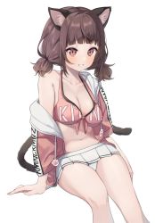 Rule 34 | 1girl, animal ears, bikini, breasts, brown hair, cardigan, cat ears, cat tail, commentary, feet out of frame, highres, kmnz, large breasts, looking at viewer, mc liz, miniskirt, navel, off shoulder, open cardigan, open clothes, panties, pantyshot, pink bikini, pink sweater, pleated skirt, red eyes, short hair, short twintails, simple background, sitting, skirt, smile, solo, sweater, swimsuit, syhan, symbol-only commentary, tail, teeth, twintails, underwear, virtual youtuber, white background, white panties, white skirt