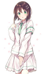 Rule 34 | 1girl, :o, armband, blazer, blush, brown hair, cherry blossoms, covering crotch, covering privates, cowboy shot, floral background, green eyes, green necktie, hair ornament, hand up, highres, jacket, koharu ichiban!, necktie, open mouth, pleated skirt, rimo, school uniform, short hair, skirt, solo, standing, white skirt, x hair ornament