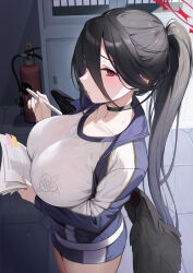 Rule 34 | 1girl, azuki yui, black choker, black hair, black wings, blue archive, blush, breasts, choker, collarbone, feathers, fire extinguisher, gym shirt, gym uniform, hair between eyes, halo, hasumi (blue archive), hasumi (track) (blue archive), highres, holding, holding paper, holding pencil, huge breasts, indoors, jacket, long hair, long sleeves, looking at viewer, mole, mole under eye, official alternate costume, paper, pencil, ponytail, red eyes, red halo, shirt, sideways glance, solo, sweat, track jacket, very long hair, wings
