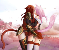 Rule 34 | 2girls, animal ear fluff, animal ears, armor, artist name, ass, ass grab, warrior of light (ff14), bare shoulders, belt, blush, boots, braid, grabbing another&#039;s breast, breast press, breasts, brown belt, brown gloves, cat ears, cat girl, cat tail, choker, closed eyes, clothing request, commentary, commission, cowboy shot, facial mark, final fantasy, final fantasy xiv, fingerless gloves, garter straps, gauntlets, gloves, grabbing, hand on another&#039;s back, heart, hood, hood down, hug, kiss, large breasts, leather, leather boots, leg armor, long hair, low twintails, miqo&#039;te, multiple girls, open mouth, outdoors, petals, pink hair, red choker, red hair, red legwear, sabrith ebonclaw, shoulder armor, standing, symmetrical docking, tail, tattoo, tayelle ebonclaw, thanabis, thigh boots, thighhighs, tree, twintails, two-tone legwear, whisker markings, white legwear, yuri