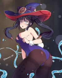 Rule 34 | 1girl, :o, absurdres, alternate costume, aqua eyes, ass, bare shoulders, black hair, blush, breasts, covered navel, detached collar, earrings, female focus, floating hair, from behind, from side, genshin impact, green eyes, hair ornament, hat, highres, jarckius, jewelry, leaning forward, leotard, long hair, looking back, medium breasts, mona (genshin impact), nipples, no animal ears, pantyhose, playboy bunny, purple leotard, rabbit tail, sidelocks, solo, sparkle print, sweatdrop, tail, text focus, thighband pantyhose, thighs, twintails, water, witch hat, wrist cuffs