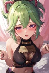 Rule 34 | 1girl, bare arms, bare shoulders, blush, breasts, commentary, crop top, curtains, eyeshadow, genshin impact, green hair, highres, kuki shinobu, leonmandala, looking at viewer, makeup, medium breasts, midriff, navel, open mouth, ponytail, purple eyes, revision, short hair, solo, stomach, stomach tattoo, tattoo, upper body