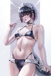 Rule 34 | 1girl, absurdres, bare shoulders, bikini, black bikini, black choker, black hair, breasts, choker, colored inner hair, commentary, cowboy shot, ellen joe, fins, fish tail, groin, hand up, highres, looking at viewer, maid, maid bikini, maid headdress, medium breasts, mouth hold, multicolored hair, nail polish, navel, orange eyes, pink hair, red nails, shark tail, short hair, solleen, standing, stomach, swimsuit, tail, thighs, unconventional maid, zenless zone zero, zoom layer