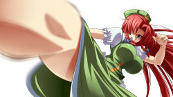 Rule 34 | 1girl, beret, blue eyes, braid, breasts, china dress, chinese clothes, dress, hair over one eye, hat, highres, hong meiling, kicking, large breasts, long hair, motion blur, red hair, serious, solo, touhou, twin braids, yagami (mukage)