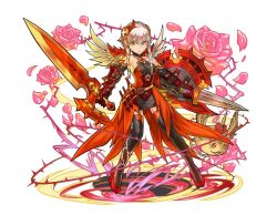 Rule 34 | 1girl, black thighhighs, braid, dual wielding, fire valkyrie (p&amp;d), flower, green eyes, hair ornament, hino shinnosuke, holding, looking at viewer, md5 mismatch, official art, puzzle &amp; dragons, red valkyrie (p&amp;d), resized, rose, shinnosuke hino, short hair with long locks, shynee, shynee (p&amp;d), silver hair, skirt, smile, solo, sword, thighhighs, thorns, twin braids, valkyrie (p&amp;d), weapon, wings