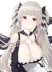 Rule 34 | 1girl, absurdres, azur lane, bare shoulders, between breasts, black dress, blush, breasts, cleavage, commentary, dress, earrings, formidable (azur lane), frilled dress, frills, grey hair, highres, jewelry, large breasts, long hair, looking at viewer, red eyes, ribbon, simple background, solo, tro, twintails, two-tone dress, two-tone ribbon, very long hair, white background