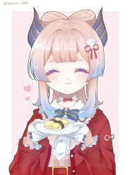 Rule 34 | 1girl, belt, black bow, black bowtie, blue hair, bow, bow-shaped hair, bowtie, closed eyes, closed mouth, collar, colored tips, facing viewer, food, genshin impact, glove bow, gloves, half gloves, heart, highres, holding, holding plate, jacket, jewelry, long hair, long sleeves, multicolored hair, necklace, official alternate costume, pink hair, plate, red belt, red bow, red jacket, sangonomiya kokomi, sangonomiya kokomi (sushiro), sidelocks, simple background, smile, solo, sushi, tama 3355, thick eyebrows, twitter username, upper body, white collar, white gloves