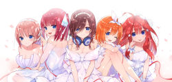 Rule 34 | 5girls, :d, :p, ;d, absurdres, ahoge, bare shoulders, blue eyes, blush, breasts, brown hair, cleavage, closed mouth, collarbone, commentary request, detached sleeves, dress, eyebrows hidden by hair, female focus, go-toubun no hanayome, hair between eyes, hair ornament, hair ribbon, hanakanzarashi, headphones, headphones around neck, highres, index finger raised, knees up, long hair, long sleeves, medium breasts, multiple girls, nakano ichika, nakano itsuki, nakano miku, nakano nino, nakano yotsuba, one eye closed, open mouth, orange hair, petals, red hair, ribbon, siblings, sisters, sitting, sleeves past wrists, smile, star (symbol), star hair ornament, strapless, strapless dress, string, string around finger, string of fate, tongue, tongue out, twintails, veil, very long hair, white dress, white ribbon, white sleeves, wrist cuffs