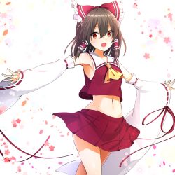 Rule 34 | 1girl, armpits, ascot, bare shoulders, bow, brown hair, collared shirt, commentary request, cowboy shot, detached sleeves, frilled bow, frills, hair bow, hair tubes, hakurei reimu, happy, highres, long sleeves, midriff, navel, nontraditional miko, open mouth, outstretched arms, petals, pleated skirt, red eyes, red skirt, red vest, ribbon-trimmed sleeves, ribbon trim, sea scorpion (umisasori), shirt, short hair, sidelocks, simple background, skirt, sleeves past wrists, stomach, thighs, touhou, upper body, vest, white background, wide sleeves, yellow ascot