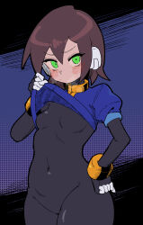 1girl absurdres aile_(mega_man_zx) black_bodysuit blue_background blue_jacket blush bodysuit bodysuit_under_clothes breasts brown_hair buzzlyears clothes_lift commentary cowboy_shot cropped_jacket green_eyes hand_on_own_hip highres jacket jacket_lift looking_at_viewer mega_man_(series) mega_man_zx no_pants robot_ears short_hair small_breasts solo