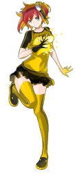 Rule 34 | 1girl, aiba ami, backpack, bag, black footwear, black gloves, black skirt, blue eyes, digimon, digimon story: cyber sleuth, full body, gloves, goggles, goggles on head, leg lift, microskirt, miniskirt, official art, pigeon-toed, pleated skirt, print gloves, print shirt, print thighhighs, raglan sleeves, red hair, shirt, shoes, side ponytail, simple background, single glove, skirt, smile, solo, thighhighs, yasuda suzuhito, yellow shirt, yellow thighhighs, zettai ryouiki
