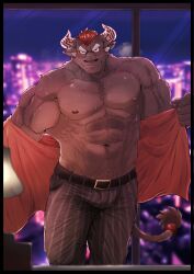 Rule 34 | 1boy, abs, absurdres, animal ears, bara, bare pectorals, blush, brown fur, bulge, city lights, cityscape, cow ears, cow horns, facial hair, feet out of frame, fu ren chi, furry, furry male, goatee stubble, gyumao (housamo), highres, horns, large pectorals, looking at viewer, male focus, mature male, minotaur, mohawk, muscular, muscular male, navel, navel hair, nipples, open clothes, open shirt, opened by self, pants, pectorals, sanpaku, scar, scar on face, scar on nose, seductive smile, smile, solo, stomach, striped clothes, striped pants, strongman waist, stubble, sweat, thick eyebrows, tokyo houkago summoners, undressing, v-shaped eyebrows, vertical-striped clothes, vertical-striped pants, very sweaty, window