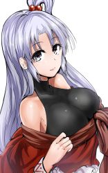 Rule 34 | 1girl, armpit peek, bare shoulders, black eyes, breasts, closed mouth, dress, hair bobbles, hair ornament, highres, large breasts, long hair, long sleeves, looking at viewer, off shoulder, one-hour drawing challenge, one side up, parted bangs, red dress, shinki (touhou), sidelocks, silver hair, skin tight, sleeveless, sleeveless turtleneck, smile, solo, touhou, touhou (pc-98), turtleneck, undershirt, upper body, y2