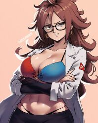 Rule 34 | 1girl, android 21, artist name, bikini, black pants, blue bikini, breasts, brown hair, cleavage, collarbone, crossed arms, curly hair, dragon ball, dragon ball fighterz, earrings, grey eyes, hoop earrings, jewelry, lab coat, large breasts, looking at viewer, miss faves, multicolored bikini, multicolored clothes, o-ring, pants, parted lips, red bikini, simple background, smirk, solo, swimsuit