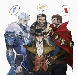 Rule 34 | 4boys, algaebog, bara, beard, blush, boy sandwich, character request, chest hair, cowboy hat, facial hair, feet out of frame, graves (league of legends), grin, hair slicked back, hand on another&#039;s shoulder, hat, highres, league of legends, male focus, male harem, mature male, multicolored hair, multiple boys, muscular, muscular male, old, old man, sandwiched, short hair, smile, spoken object, standing, streaked hair, thick eyebrows, thick mustache, twisted fate, white hair