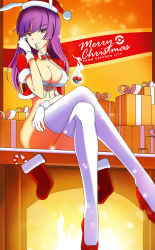 Rule 34 | 1girl, bikini, bikini top only, blunt bangs, bottomless, bow, bowtie, breasts, candy, candy cane, christmas, cleavage, creatures (company), crossed legs, detached collar, fireplace, food, front-tie bikini top, front-tie top, game freak, gift, gloves, gym leader, hat, head tilt, high heels, large breasts, long hair, mouth hold, nintendo, poke ball, pokemon, purple hair, rabbit girl, red eyes, red footwear, sabrina (pokemon), santa costume, santa hat, shoes, sitting, smile, solo, sparkle, swimsuit, thighhighs, vivivoovoo, white bikini, white gloves, white thighhighs