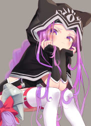 Rule 34 | 1girl, animal ears, animal hood, arm support, bad id, bad pixiv id, black capelet, black gloves, black leotard, bow, braid, capelet, elbow gloves, fake animal ears, fate/grand order, fate (series), fingerless gloves, gloves, grey background, hair bow, hood, hood up, hooded capelet, kimitoshiin, leaning forward, leotard, long hair, medusa (fate), medusa (lancer) (fate), medusa (rider) (fate), purple eyes, purple hair, red bow, rider, simple background, single braid, sitting, solo, thighhighs, very long hair, white thighhighs