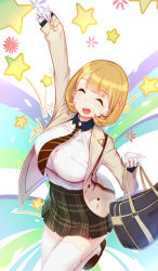 Rule 34 | 10s, 1girl, absurdres, arm up, bag, blonde hair, bob cut, breasts, closed eyes, gloves, hair ornament, hairclip, highres, huge breasts, knee up, narusawa ryouka, necktie, occultic;nine, open mouth, pleated skirt, school bag, school uniform, shirt tucked in, short hair, skirt, sleeves past wrists, smile, solo, star (symbol), thighhighs, white gloves, wu (4401153), zettai ryouiki