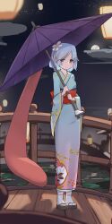 Rule 34 | 1girl, blue eyes, blue hair, blue kimono, bridge, floral print, flower, full body, guming diban, hair flower, hair ornament, heterochromia, highres, holding, holding umbrella, japanese clothes, karakasa obake, kimono, lantern, looking at viewer, medium hair, moon, night, okobo, paper lantern, purple umbrella, red eyes, sandals, sash, sky, smile, socks, solo, star (sky), starry sky, tatara kogasa, touhou, umbrella, white socks, wide sleeves