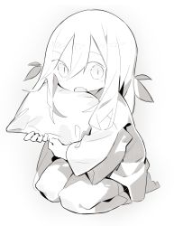 Rule 34 | 1girl, barefoot, blush, child, cloneko (zelmeledf2), fang, female focus, gradient background, greyscale, hair ribbon, highres, kneeling, light blush, long hair, long sleeves, looking at viewer, monochrome, hugging object, open mouth, original, pajamas, pants, pillow, pillow hug, ribbon, seiza, shirt, simple background, sitting, sketch, skin fang, solo, white background, wide-eyed