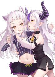 Rule 34 | 2girls, animal ear fluff, animal ears, bare shoulders, black dress, black skirt, blush, cat ears, cowboy shot, demon horns, detached sleeves, dress, extra ears, frilled skirt, frills, grey hair, hair between eyes, hand on another&#039;s cheek, hand on another&#039;s face, highres, hololive, horns, la+ darknesss, long hair, long sleeves, looking at another, midriff, mitsuru (pixiv 34028718), multiple girls, murasaki shion, murasaki shion (1st costume), navel, open mouth, parted lips, purple hair, shirt, simple background, skirt, striped clothes, striped shirt, sweat, vertical-striped clothes, vertical-striped shirt, very long hair, virtual youtuber, white background, yellow eyes, yuri